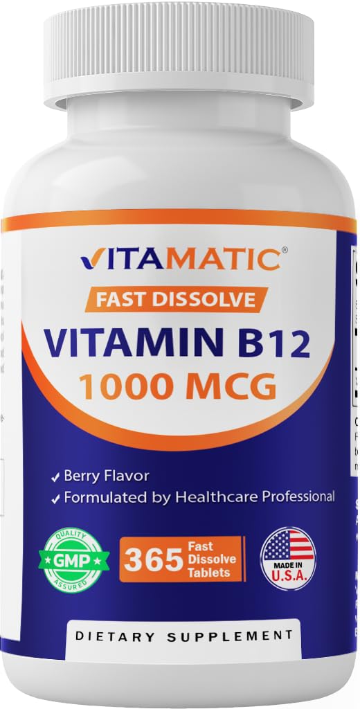 Vitamatic Vitamin B12 1000 mcg Fast Dissolve – 365 Tablets – Natural Berry Flavor – Supports Energy Metabolism & Nervous System Health 1 Bottle
