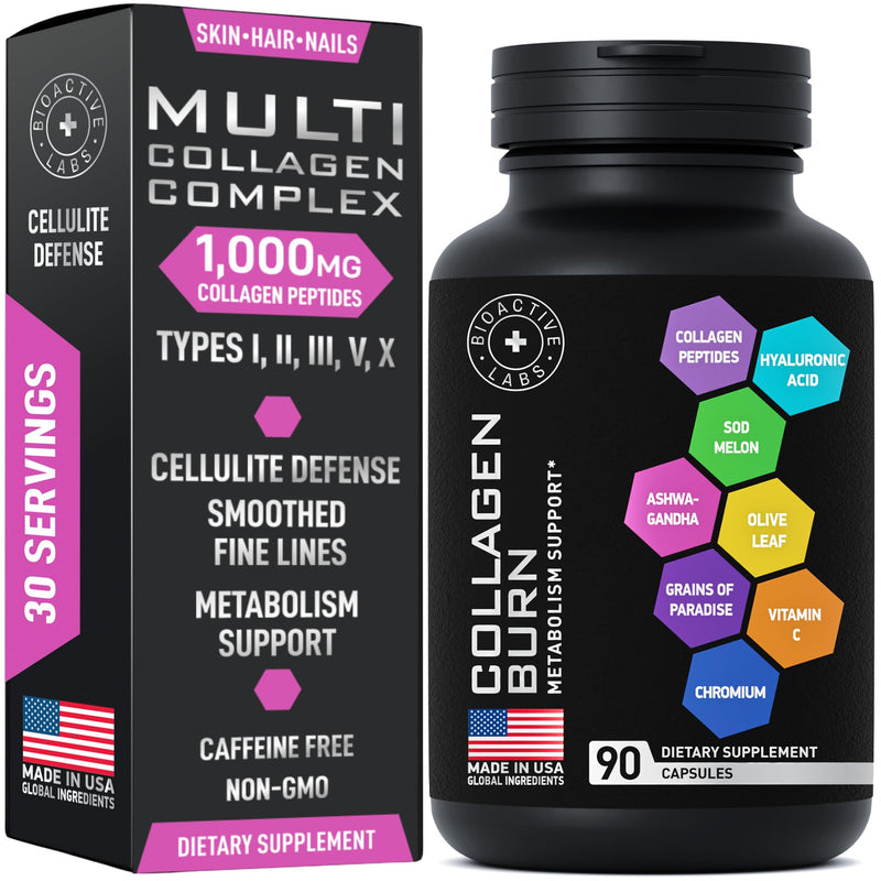 Multi Collagen Burn for Women & Men - 1,000mg Type I, II, III, V, X Hydrolyzed Collagen Peptides, Hyaluronic Acid, Vitamin C - Metabolism, Cellulite, Skin Elastisity Support - 90 Collagenic Burn Caps 90 Count (Pack of 1)