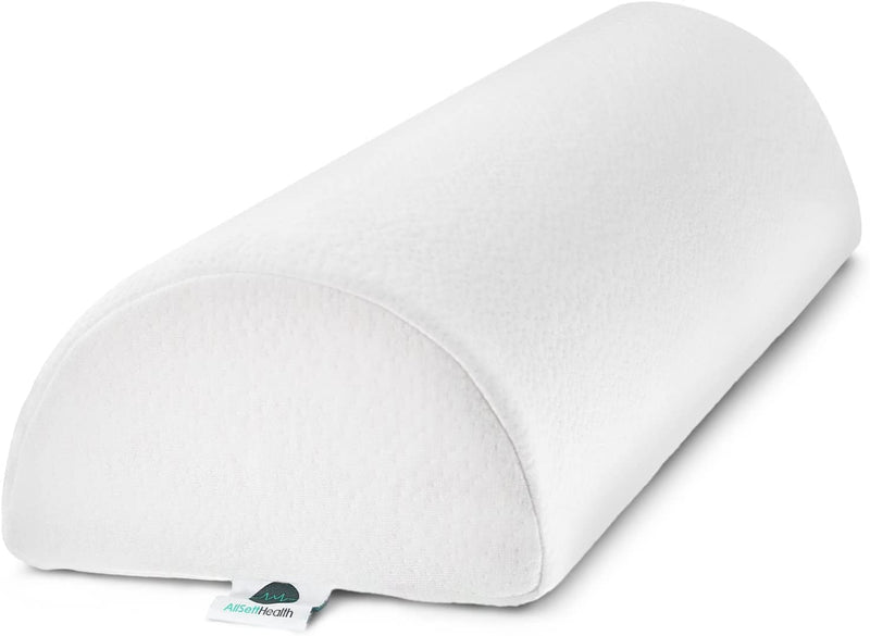 [Australia] - AllSett Health Large Half Moon Bolster Pillow for Legs, Knees, Lower Back and Head, Lumbar Support Pillow for Bed, Sleeping | Semi Roll for Ankle and Foot Comfort - Machine Washable Cover, White White - 1 Pack 