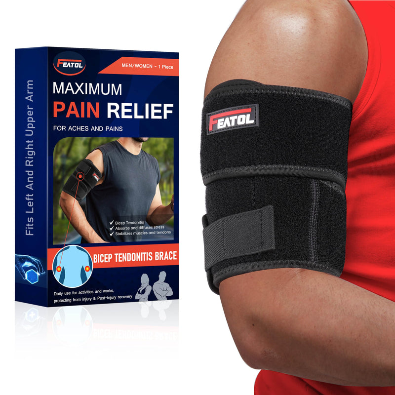 [Australia] - FEATOL Bicep Tendonitis Brace Compression Sleeve Support, Upper Arm Brace Bicep Support Bands for Pain Relief, Muscle Strains and Inflammation, Tricep/Bicep Wrap for Men and Women Black Large 