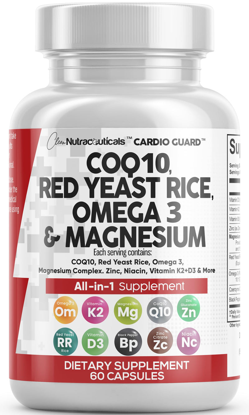 [Australia] - COQ10 200mg Red Yeast Rice 3000mg Omega 3 3000mg Magnesium Complex 500mg Niacin Zinc Vitamin K2 D3 - Heart Health Support Vitamins for Women and Men with Vitamin B3, Coenzyme Q10-60 Ct 