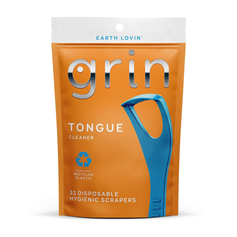 [Australia] - GRIN Tongue Cleaner, 32 Count, Disposable Tongue Cleaner, Hygienic Scraper, Recycled Plastic, Clean Tongue, Promote Fresh Breath, Includes Safe Fold- Back Tooth Pick 1 Pack 