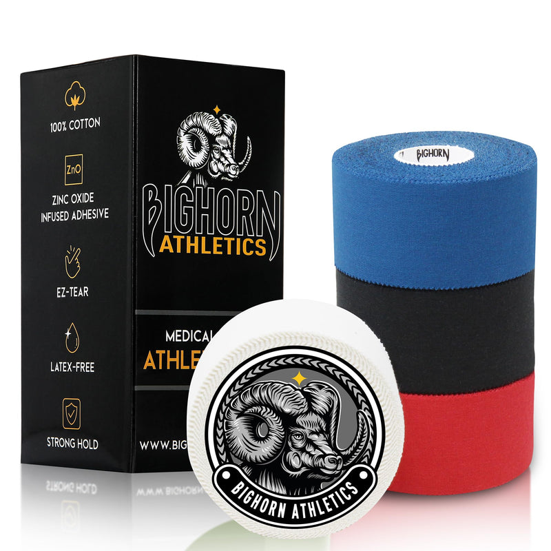 Bighorn Athletics Sports Tape & Medical Tape, Wrist Tape & Ankle Support Tape, EZ-Tear Zinc Oxide Infused Tape for Sensitive Skin, First-Aid Tape, 1.5-Inch x 45-Feet, 4 Rolls (Black, Blue, Red, White) Black, Blue, Red, White