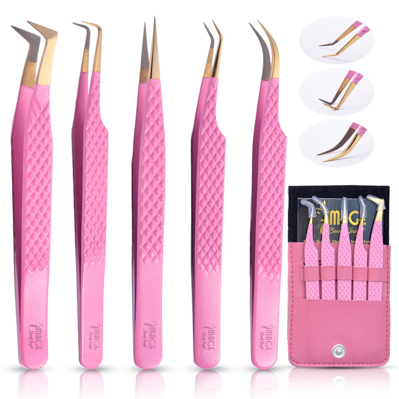 5 Pcs Fiber-Tip Japanese Steel Lash Tweezer Set with Leather Case, Professional Eyelash Tweezers for Lash Extensions – Titanium Coated, 90 & 45 Angled, Precision Pointed Tweezers (PINK) Pink