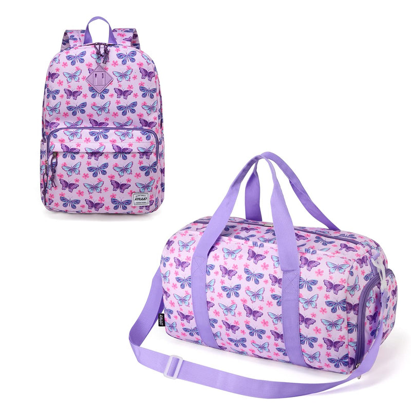 RAVUO Lightweight Butterfly School Backpack Bookbag and Kids Duffle Dance Weekender Travel Bag Set for Girls