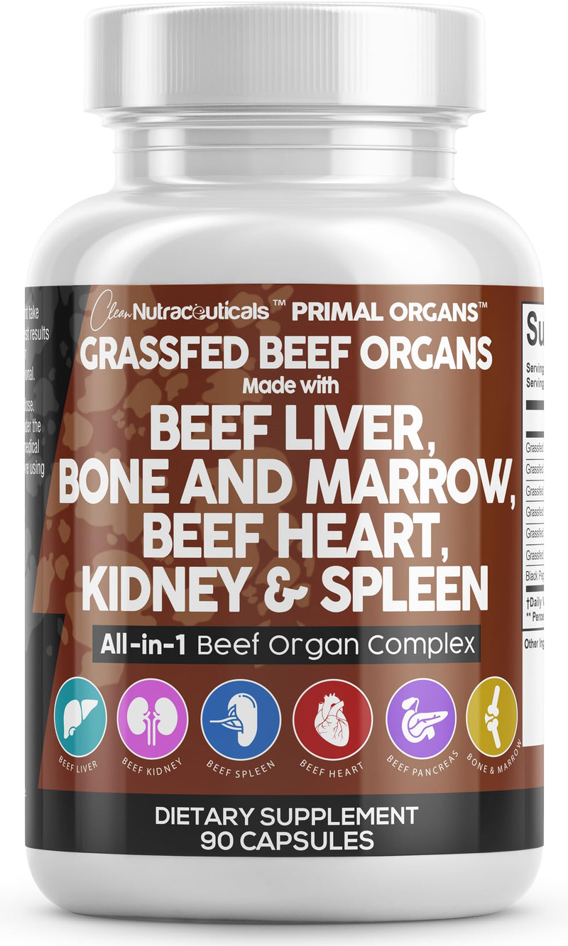 [Australia] - Clean Nutraceuticals Grass Fed Beef Liver Capsules 3000mg - Premium Quality Supplement Packed with Desiccated, Beef Heart, Beef Spleen, Beef Pancreas Plus Bone & Marrow Dao Enzyme Pills - USA Made 