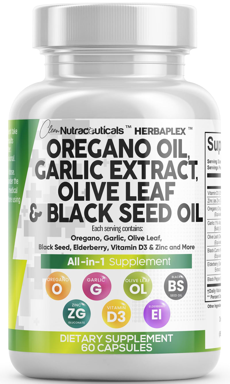 [Australia] - Oregano Oil 6000mg Garlic Extract 4000mg Olive Leaf 3000mg Black Seed Oil 3000mg - Immune Support & Digestive Health Supplement for Women and Men with Vitamin D3 and Zinc - 60 Caps 