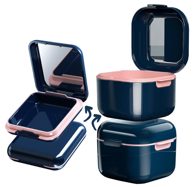 [Australia] - MURRI&MURRDI Retainer Case 2 Pack, Denture Case with Mirror, Denture Bath Box with Strainer Basket, Cute Denture Holder Mouthguard Storage Soak Container for Travel, Braces Cleaner Kit (C Dark Blue) C Dark Blue 