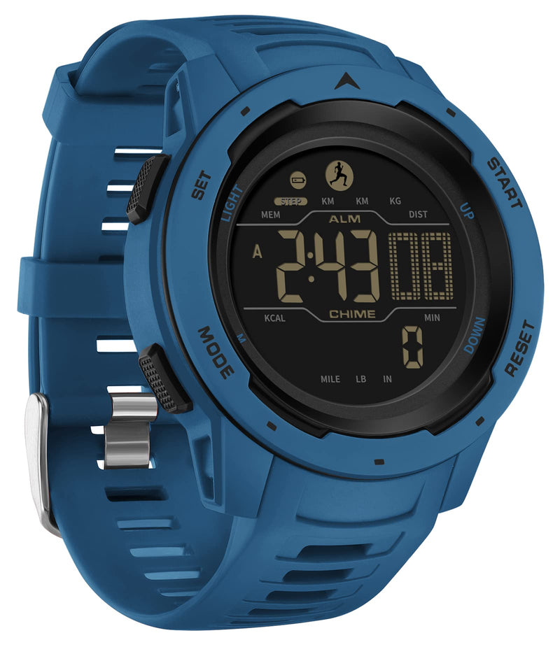 [Australia] - Men's Digital Watch Waterproof Pedometer Watches Sport Watch Step Counter Calorie Military Watch with Stopwatch Alarm LED Backlight Countdown blue 