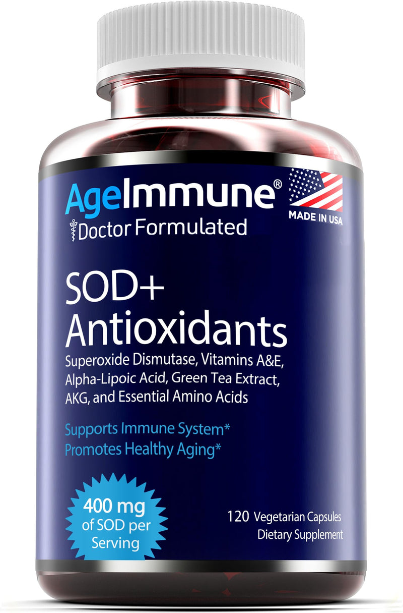 [Australia] - SOD Antioxidants Complex Healthy Aging Supplement - 400mg of Superoxide Dismutase - Alpha Lipoic Acid - Green Tea Extract - L-Arginine - Lysine - AKG - Vitamins A and E for Immune Support-120 Capsules 120 Count (Pack of 1) 