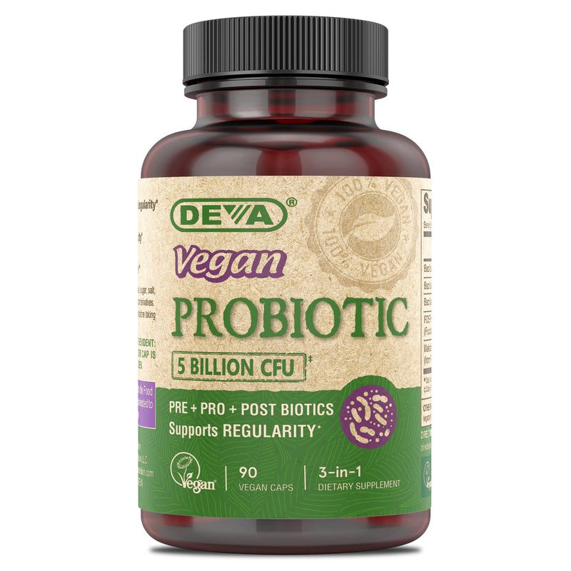 DEVA Vegan Probiotic Supplement - Pre, Pro, and Postbiotics for Digestive Health, 5 Billion CFU, Soil-Based, Spore-Forming, Dairy Free, FOS Prebiotics, for Women and Men, Vegan Capsules, 90 Count 90 Count (Pack of 1)