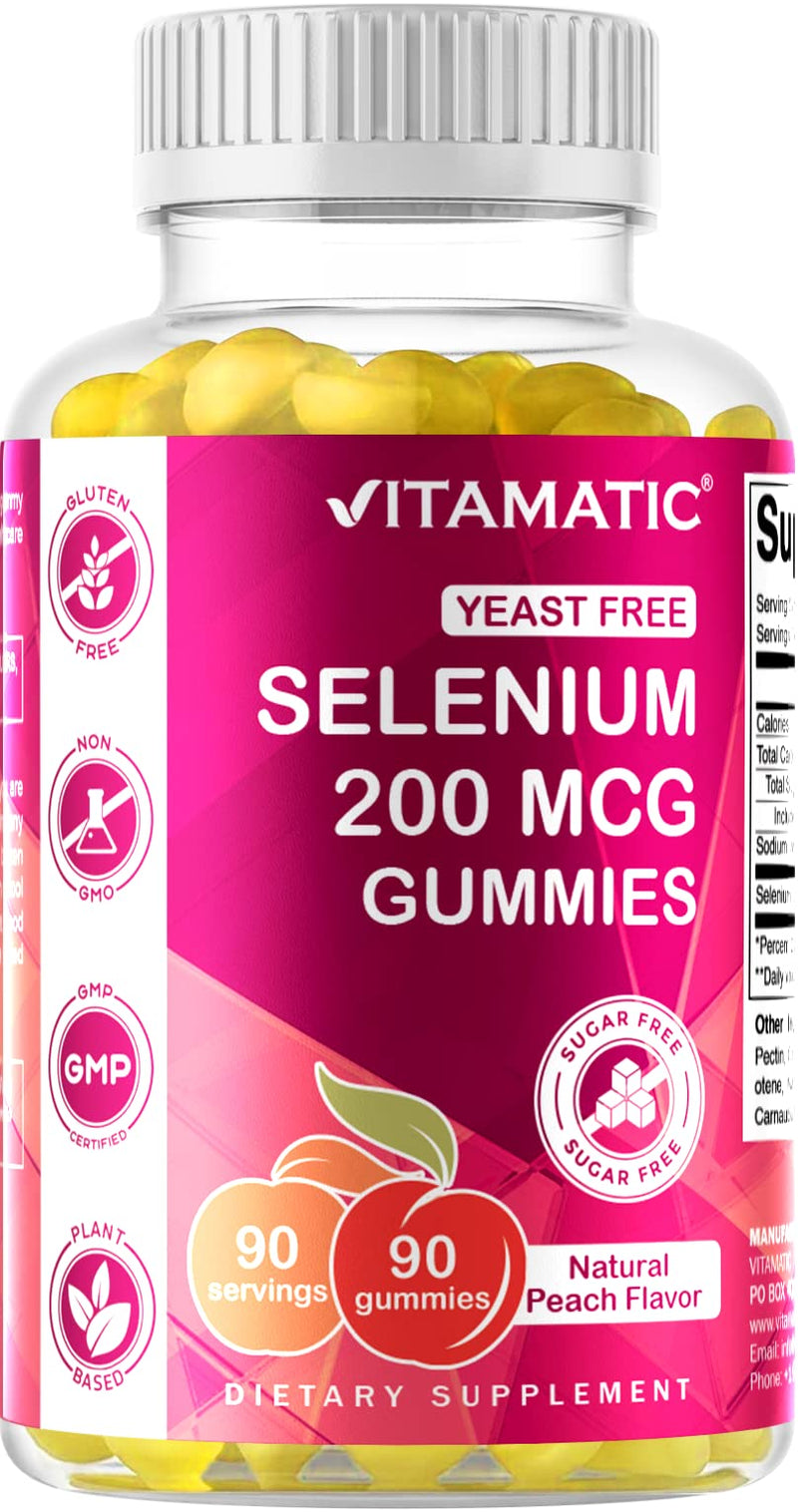 [Australia] - Vitamatic Yeast Free Selenium Gummies 200mcg as Selenomethionine Supplement Essential Trace Mineral with Superior Absorption 90 Pectin Based Gummies Peach 90 Count (Pack of 1) 