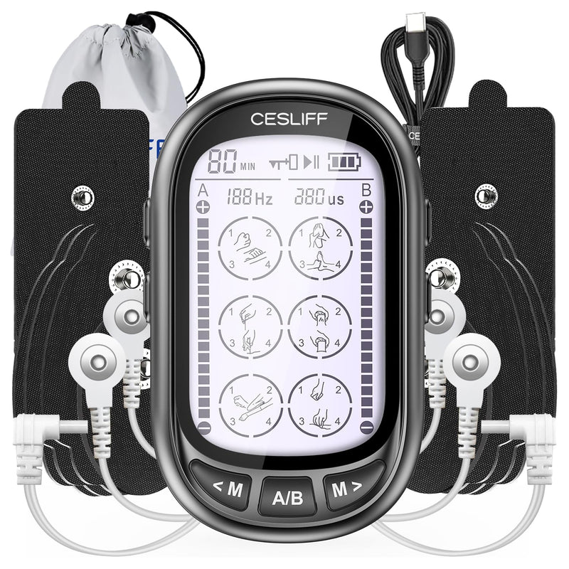 Dual Channel TENS EMS Unit 24 Modes 36 Levels, Upgraded Large Screen Intensity Muscle Stimulator for Back Neck Shoulder Pain Relief, Rechargeable Electric Pulse Massager TENS Machine with 10 Pads Black