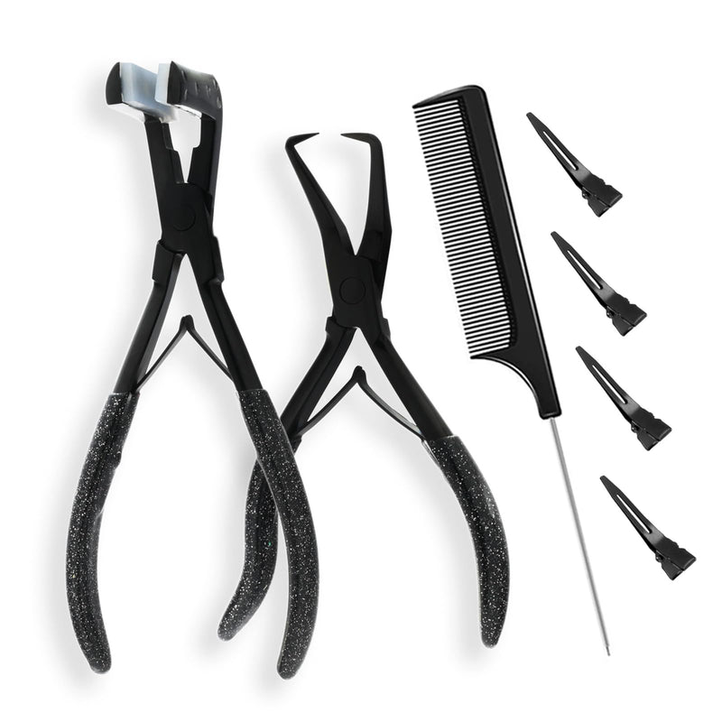 [Australia] - Tape In Hair Extensions Tools Kit – Tape ins Flat Surface Plier, Micro Beads Remover Plier, Sectioning Clips, and Precision Styling Comb for Salon & Home Use (Black) Black 