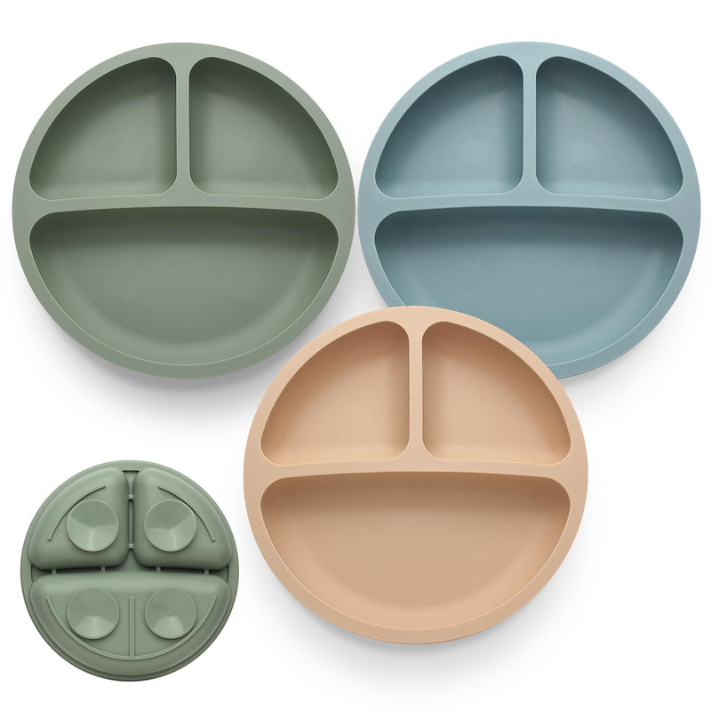 [Australia] - Toddler Plates 3 Pack, Divided Suction Plates for Baby, 100% Food Grade Silicone Baby Plates, Non-Slip, Baby Led Weaning Supplies, Microwave & Dishwasher Safe 