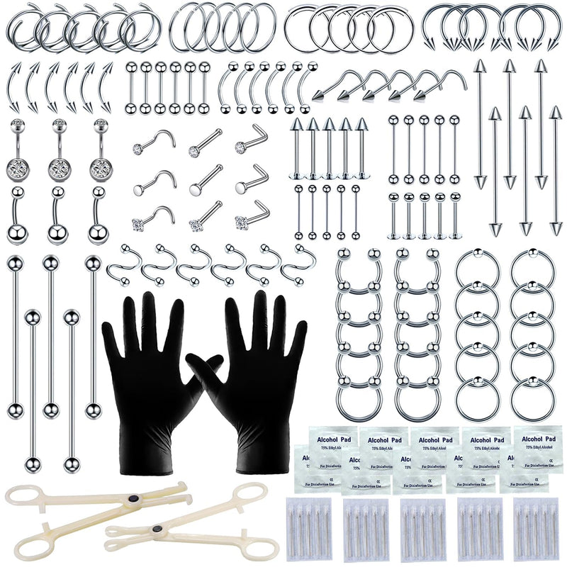 [Australia] - 153Pcs Piercing Kit for all Body Piercings with Piercing Jewelry and Tools for Nose Septum Belly Button Lip Ear Tongue Cartilage Eyebrow and More with 12G 14G 16G and 20G Piercing Needles Silver 