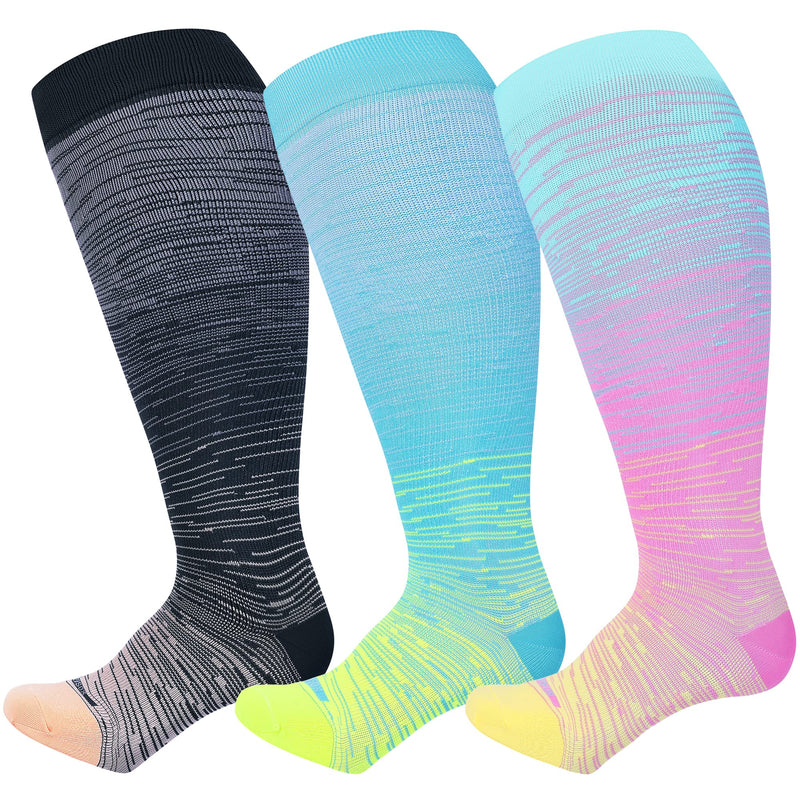 [Australia] - LEVSOX Plus Size Compression Socks for Women Men Wide Calf Extra Large 15-20 mmHg Knee High Sock for Nurses Pregnant Travel 3 Pairs/Tie Dye 