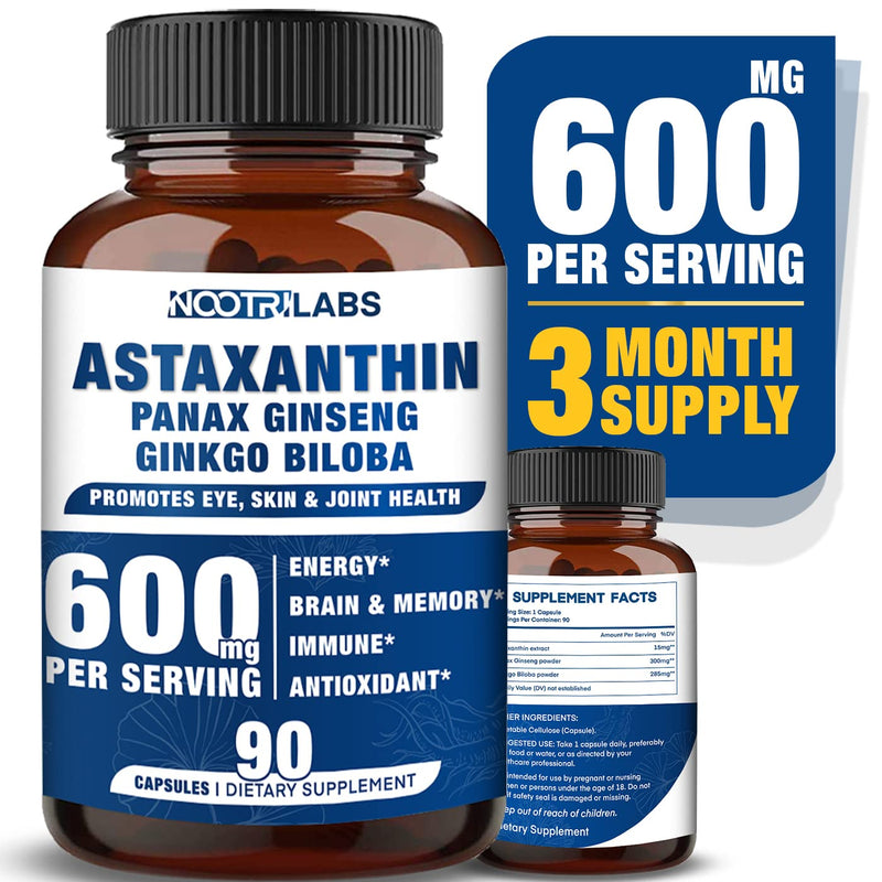 [Australia] - Astaxanthin 15mg + Panax Ginseng, Ginkgo Biloba Supplements, 90 Vegan Capsules, Promotes Eye, Skin, Joint Health Energy, Cardiovascular Support + Immune Defense and Focus 