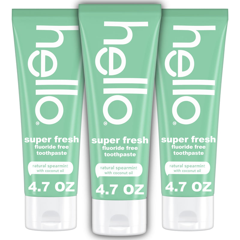[Australia] - hello Super Fresh Fluoride Free Toothpaste, Toothpaste for Bad Breath, Helps Remove Surface Stains, Natural Spearmint, 3 Pack, 4.7 Oz Tubes 