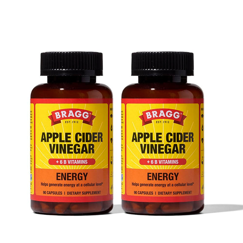 Bragg Energy Apple Cider Vinegar Capsules B Vitamins 90ct - 2 Pack | Organic, boosts natural vitality, gluten-free, non-GMO, vegetarian-friendly, no artificial preservatives, caffeine free 90 Count (Pack of 2)