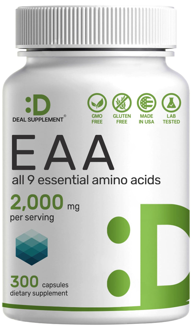 [Australia] - Essential Amino Acids (EAA) 2000mg Per Serving, 300 Capsules – Unflavored - 9 in 1, All BCAAs (Branched-Chain Aminos) – Lean Muscle Support & Natural Pre Workout Supplement 