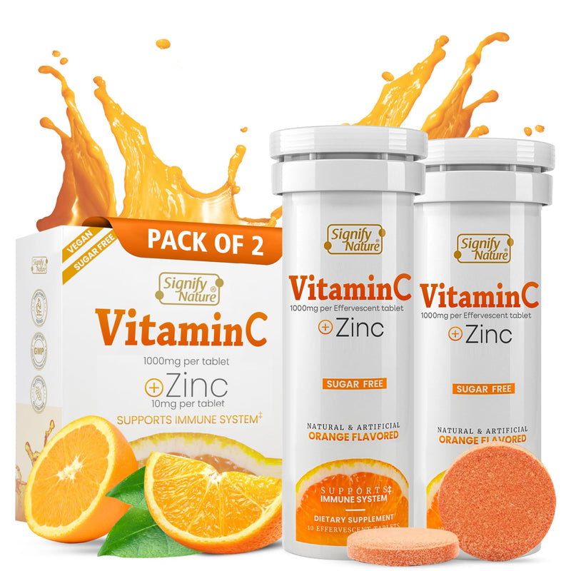 SIGNIFY NATURE Vitamin C 1000mg Effervescent Tablets with Zinc, 20CT | Potent Immune Support with Zinc, Sugar-Free & Vegan, Dissolvable Fizzy Tablet, Water Soluble, Easy Daily Vitamin C Boost Orange 20 Count (Pack of 1)