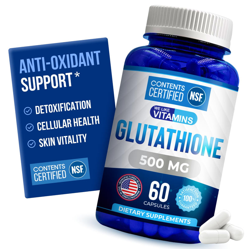 NSF Certified Glutathione Supplement 500mg - 60 Reduced L Glutathione Caps | L-Glutathione Supplement For Antioxidant & Immune Support - 500mg Per Serving - 30 Day Supply, 2 Capsules A Day 60 Count (Pack of 1)