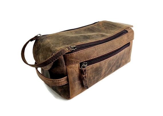 Leather Toiletry Wash Bag: Stylish Travel Organizer with Durable Construction and Water Resistant Lining.