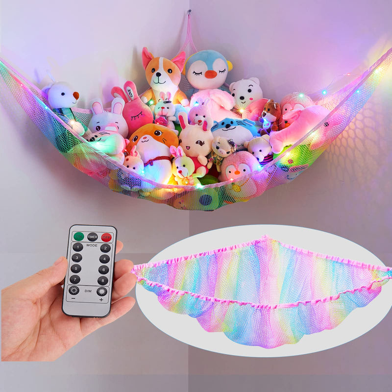 [Australia] - Stuffed Animals Hammock Kids Toy Storage with LED Light Unicorn Castle Plush Toy Organizer Corner Hanging Stuffed Animals Holder for Nursery Kids Girls Room Decor Rainbow 