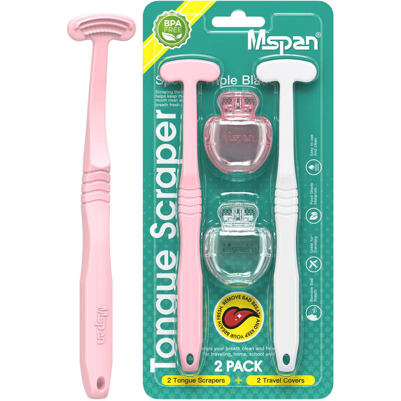 [Australia] - Mspan Tongue Scraper Cleaner Brush: Tongue Care Cleaning Scrubber with Plastic Travel Case Cover for Adults kids - Clean Oral Bad Breath Pink White 2 Pack Pink, White 