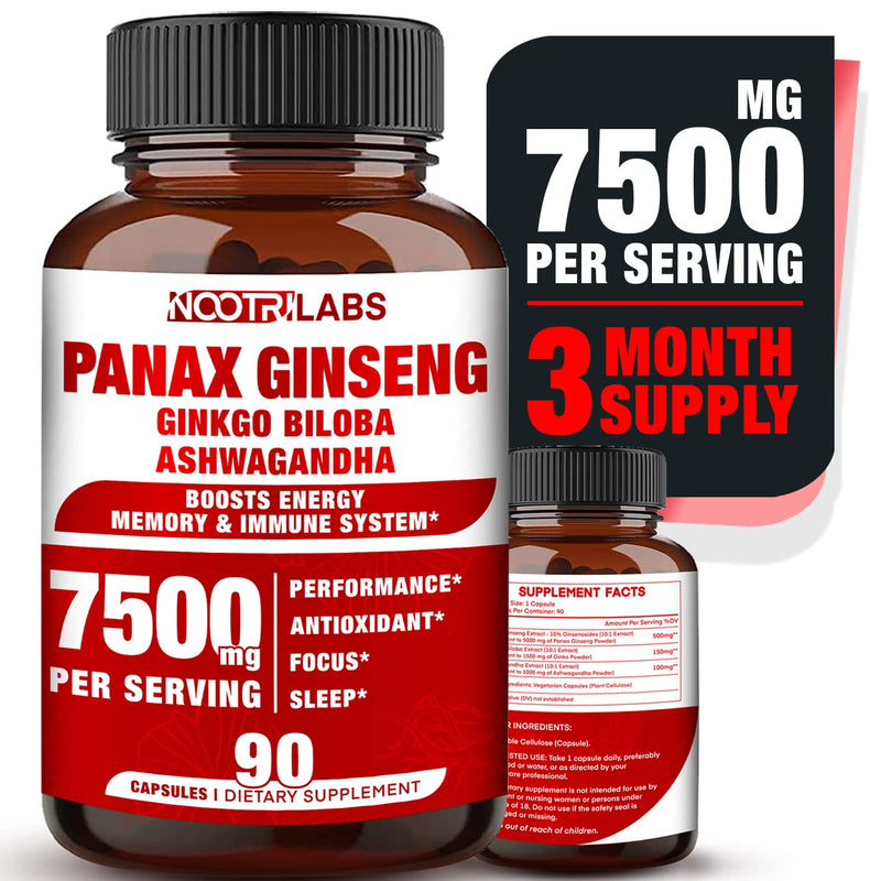 [Australia] - Korean Red Panax Ginseng 7500mg Highest Potency with Ginkgo Biloba and Ashwagandha, Boost Energy, Memory, and Immune System - Focus Supplement Pills for Men and Women, 90 Vegan Capsules 