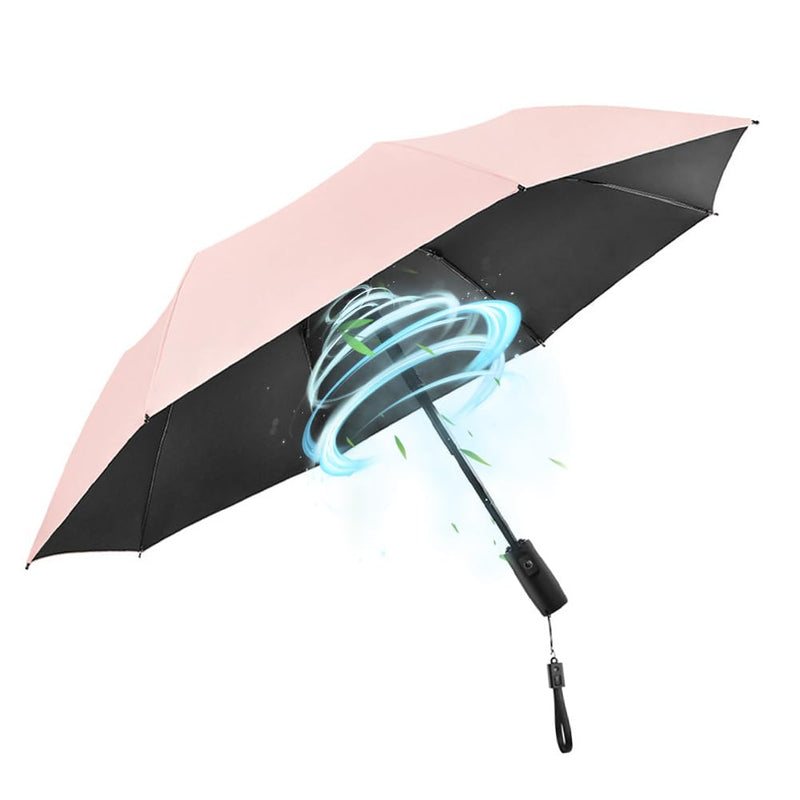 WOOLALA Portable Sun and Rain Umbrella with Personal Cooling Fan, UPF 50+, USB Rechargeable, Folding Compact Travel Umbrella for Hot Summer Pink