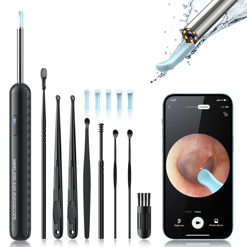 [Australia] - Ear Wax Removal Tool, Earwax Removal Kit with 8 Pcs Ear Set, Ear Cleaning Kit with 6 Ear Pick, Ear Cleaner Otoscope with Light, Ear Camera for iPhone, iPad, Android Phones (Black) Black 