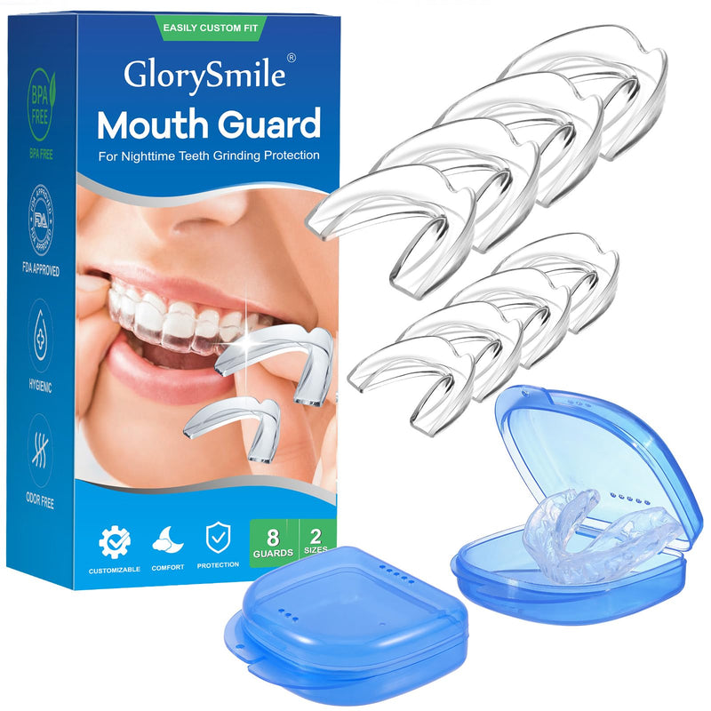 [Australia] - GlorySmile Mouth Guard for Clenching Teeth at Night, Upgraded Night Guards for Teeth Grinding, Pack of 8 Moldable Mouth Guard Stops Bruxism and Teeth Clenching 2 Sizes with Two Travel Cases 