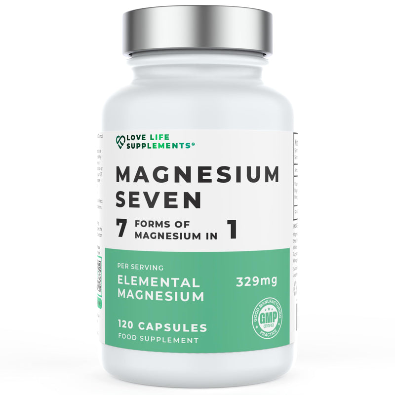 Magnesium Seven | 7 Forms of Magnesium in One - Glycinate, Orotate, Taurate, Lactate, Malate, Citrate, Sucrosomial | 120 Capsules 30 Day Supply | Manganese and Vitamin B6 for Absorption