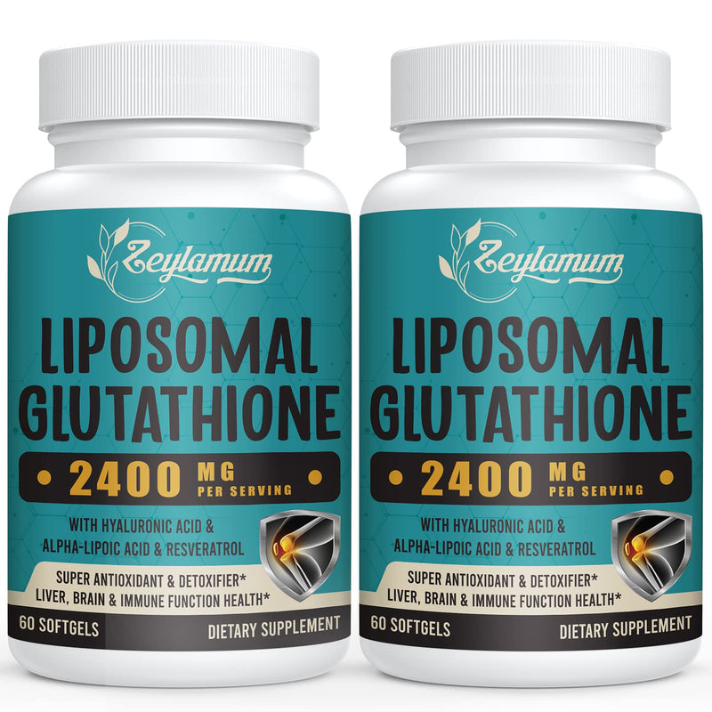 [Australia] - 2400 MG Liposomal Glutathione Softgels, Max Absorption, Active Form L-Glutathione Reduced (GSH), with Hyaluronic Acid, Resveratrol, Master Antioxidants for Detox, Brain, Immune System, 120 Softgels 60 Count (Pack of 2) 