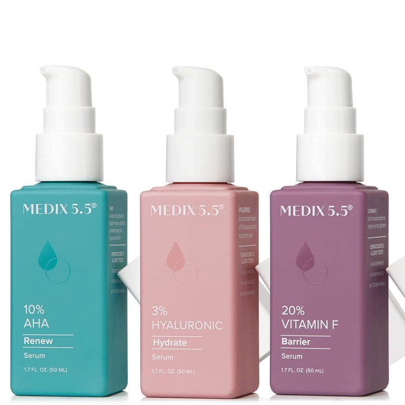 MEDIX Anti Aging Body & Face Serum 3PC Bundle | 10% AHA Exfoliating Serum + 3% Hyaluronic Acid Hydrating Serum + 20% Vitamin F Body Oil Enhancing Daily Skin Care Routine Hyaluronic + Vitamin F + Exfoliating AHA Booster Set 3 Piece Set