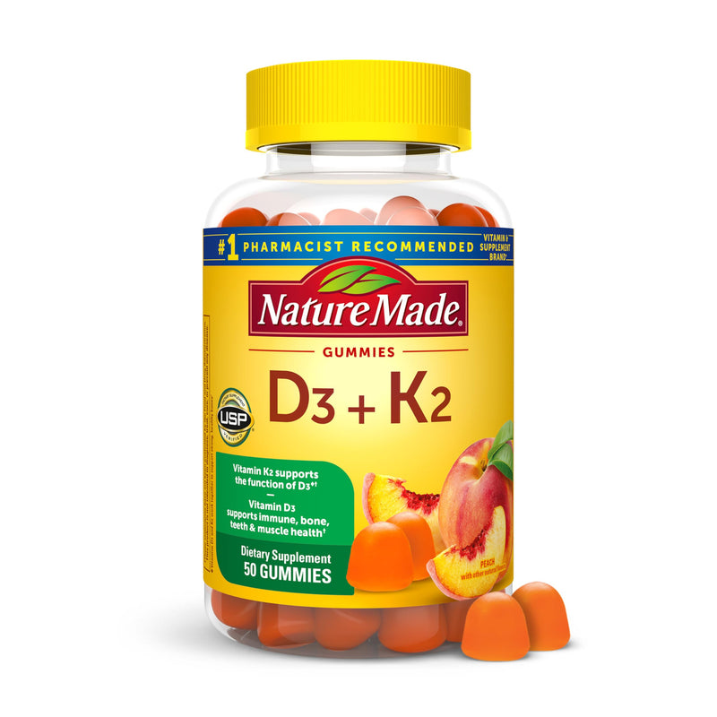 Nature Made Vitamin D3 K2 Gummies, 50 Gummy Vitamins | Vitamin D 5000 IU per Serving for Immune, Bone, Teeth and Muscle Health Support, Peach Flavor, 25 Day Supply 50 Count (Pack of 1)