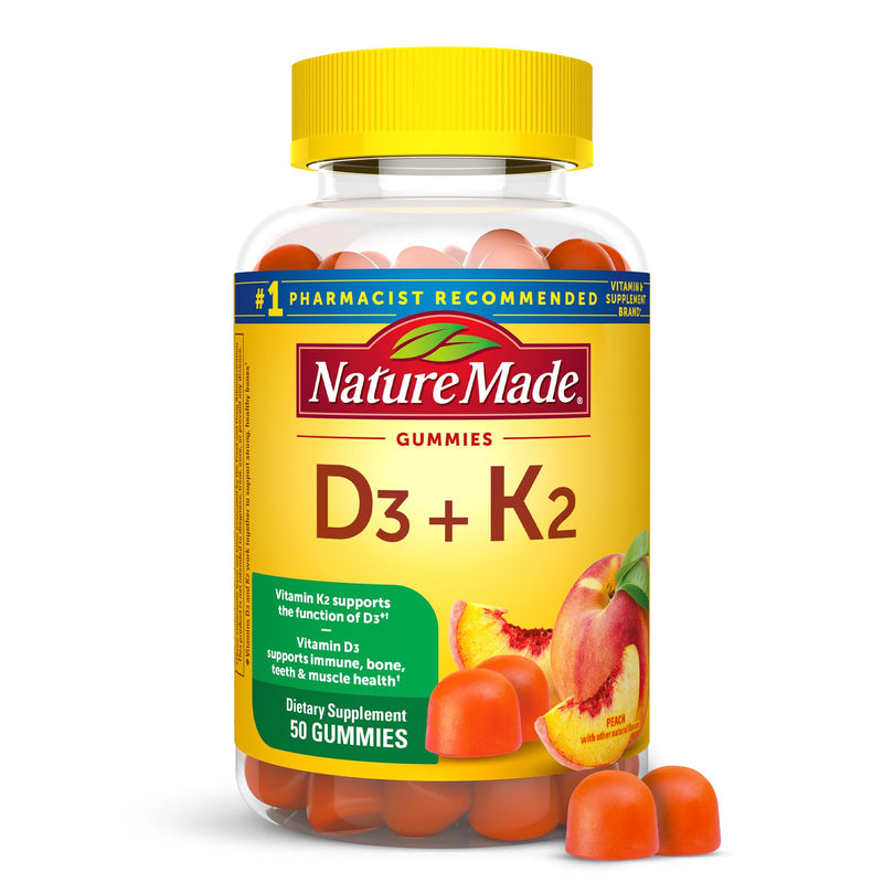 [Australia] - Nature Made Vitamin D3 K2 Gummies, Vitamin D 5000 IU Per Serving for Bone, Teeth, Muscle and Immune Support, 50 Gummy Vitamins, 25 Day Supply 