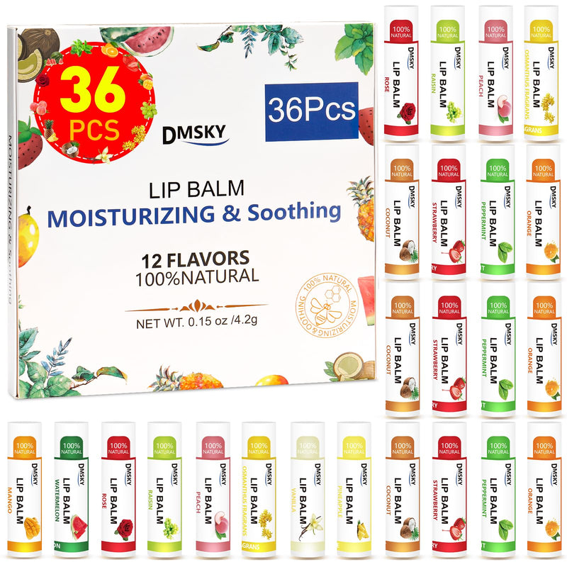 DMSKY 36 Pack Lip Balm Bulk, Natural, 12 Flavors | Hydrates with Vitamin E & Beeswax, Moisturizing Lip Care Product for Dry Chapped Lips 1 Count (Pack of 36)