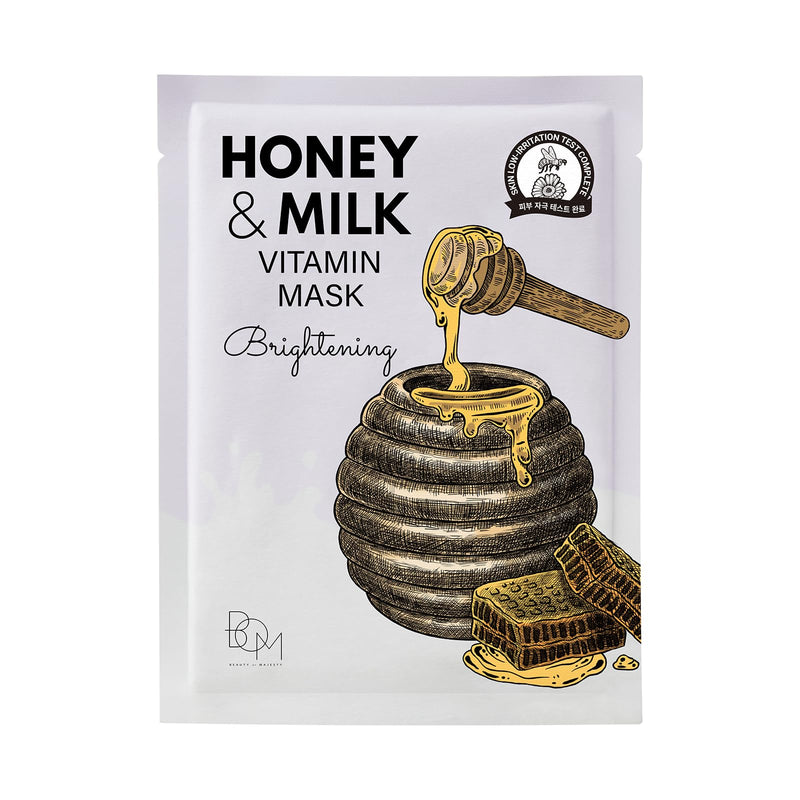 BOM COSMETICS Honey & Milk Vitamin Mask 10ea 0.84 oz Deep Hydration, Sensitive Skin Friendly Hypoallergenic Sheet Mask With Honey & Milk Extract & 13 Vitamins, Korean Skincare Face Mask