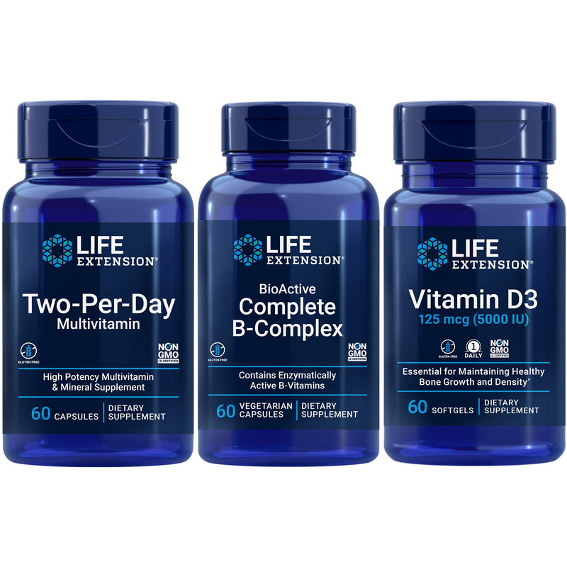 Life Extension Two-Per-Day Multivitamin, 60 capsules | BioActive Complete B-Complex, 60 capsules | Vitamin D3 125 mcg (5000 IU), 60 softgels | Bone & immune health, energy and metabolism support