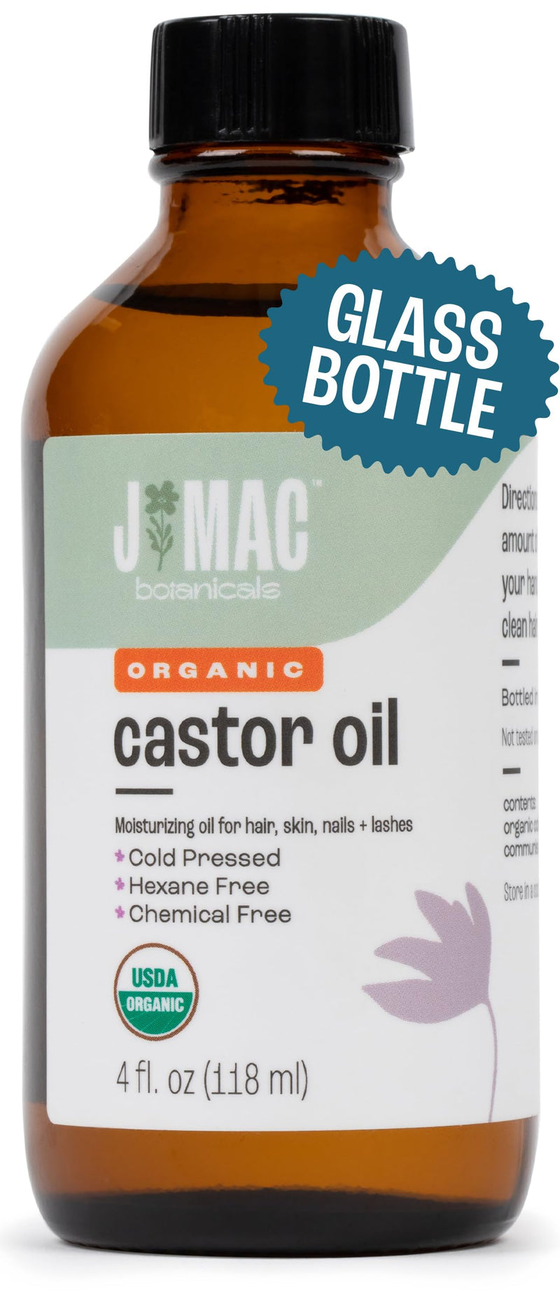 [Australia] - J MAC BOTANICALS Organic Castor Oil Cold Pressed (Glass Bottle, 4 oz, NO DROPPER), pure hexane free castor oil for face, skin, eyelashes 4 Fl Oz (Pack of 1) 
