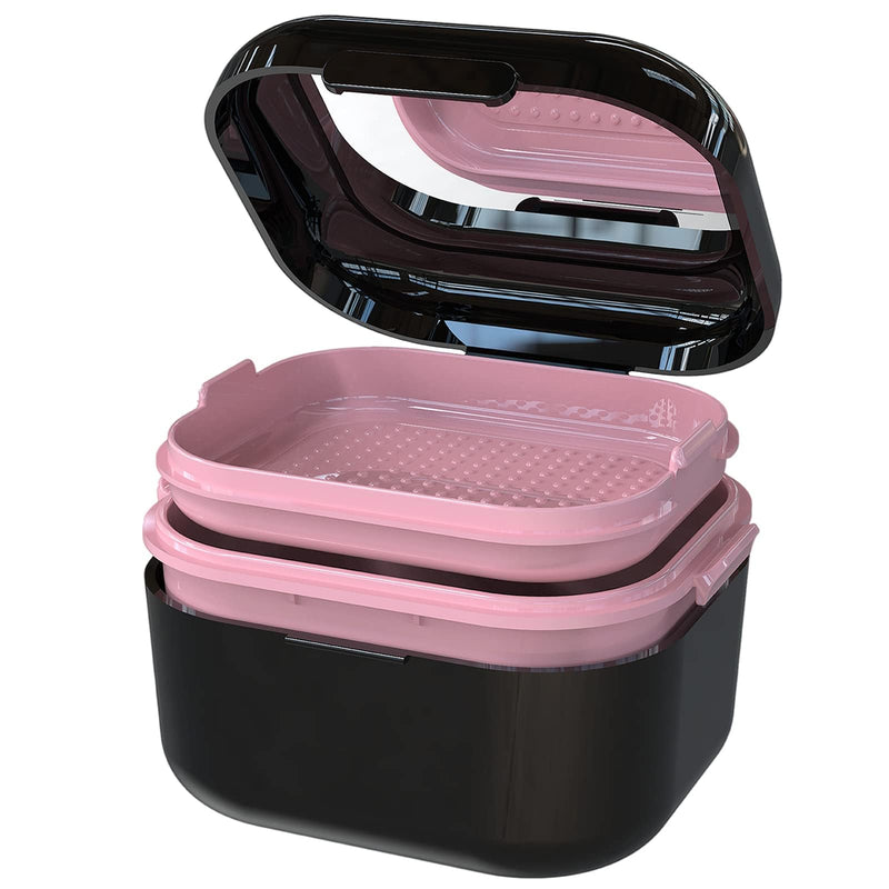 [Australia] - BVN Denture Bath Denture Case: Denture Cup for Soaking Dentures, Retainer Cleaner Case with Mirror, Mouth Guard Case, Aligner Case, Retainer Holder, Night Guard Case, False Teeth Container Black Black Pink 