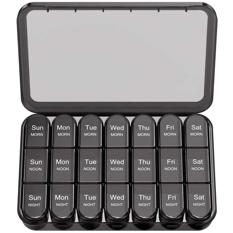 Daviky Weekly Pill Organizer 3X a Day, Travel Pill Box7 Day Light-Proof | Pill Case 3 Times a Day, Easy Open, Arthritis-Friendly, Large Capacity, for Medication, Vitamin, Fish Oil, Supplement, Black