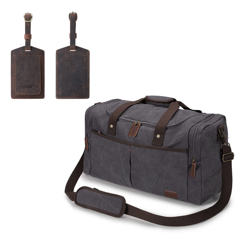 S-ZONE Canvas Duffel Bag Travel Weekend Overnight Bag with Leather Luggage Tags