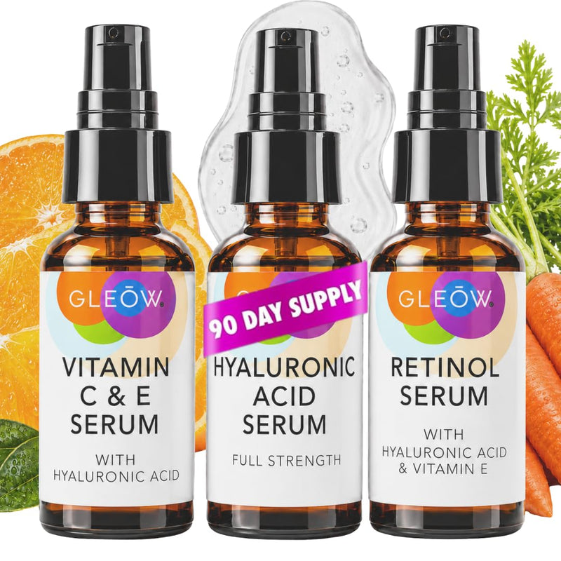 GLEOW Skincare Set: Retinol, Vitamin C, and 99% Hyaluronic Acid Serum, Face Serum Set Targets Appearance of Uneven Skin and Dryness, Total Package Serum Set 3x2 oz Combo pack 2oz