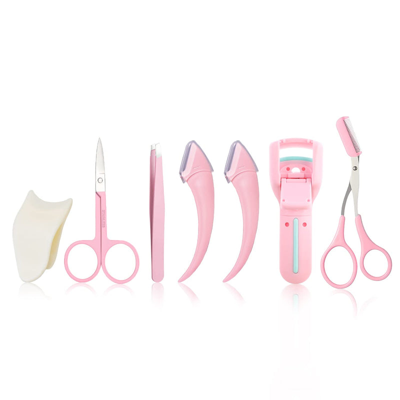 [Australia] - ONEUPIN 7-Piece Professional Eyebrow Grooming Kit with Razor, Tweezer, Eyelash Curler, False Eyelash Tool, Scissors, Comb - Women's Kit (Pink) Trimmer Sets-1 