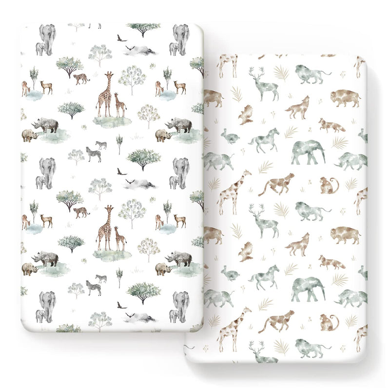 [Australia] - Stretch Ultra Soft Jersey Knit Fitted Crib Sheets Set 2 Pack，Fit All Standard Crib Mattress Pads Safe and Snug, Crib Fitted Sheet for Baby, Stylish African Savannah Animals Pattern Savannah Animal 