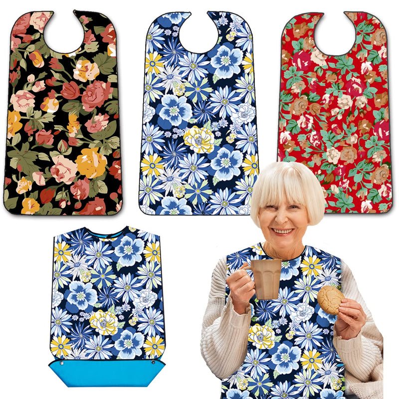 [Australia] - 3 Pack Adult Bibs with Crumb Catcher, Washable and Adjustable Adult Bibs for Women Elderly Seniors, Bibs for Eating Colorful Big Flower 